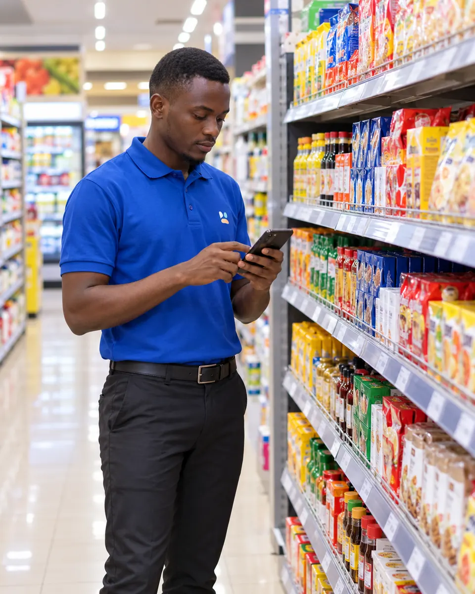 A merchandiser in a blue polo entering shelf data on his phone in a supermarket aisle