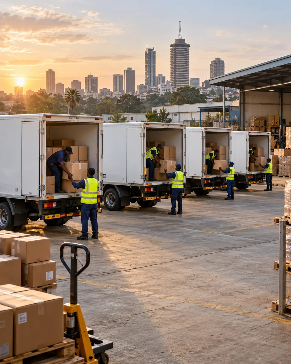 Workers loading boxes into a row of light delivery trucks at a Nairobi depot at sunrise
